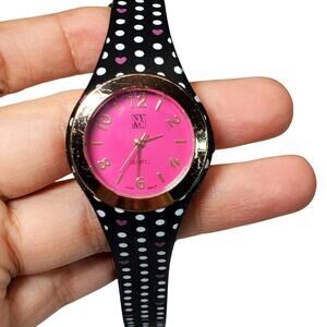 New York & Company Polka Dotted Watch Black Buckle Band Analog